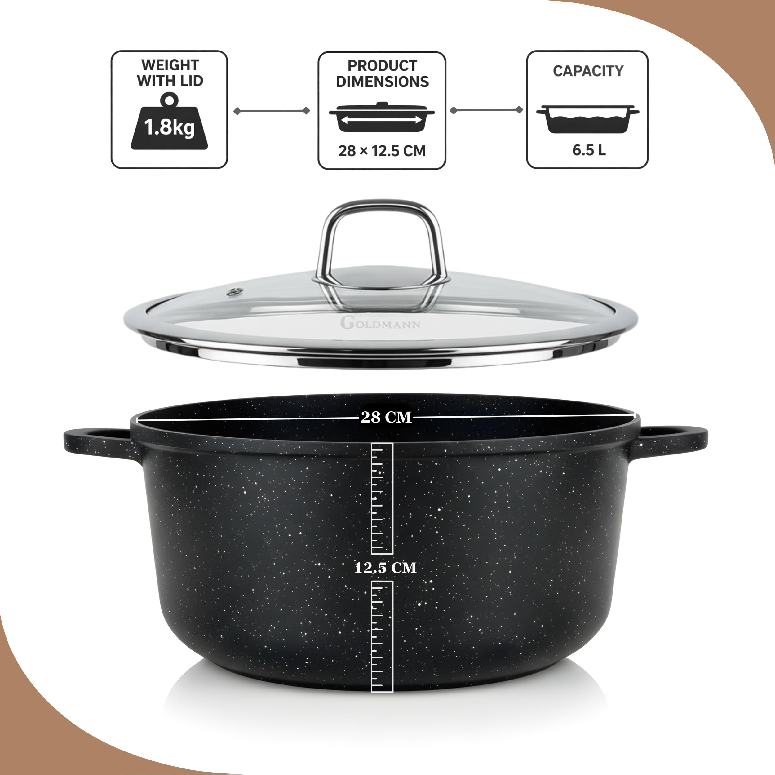 GOLDMANN Pentola da 28 CM con Coperchio in Vetro, 6.5L in Alluminio Pressofuso, Rivestimento Antiaderente in Marmo Ceramico, Adatta a Tutti i Piani Cottura, Senza PFOA/PFAS
