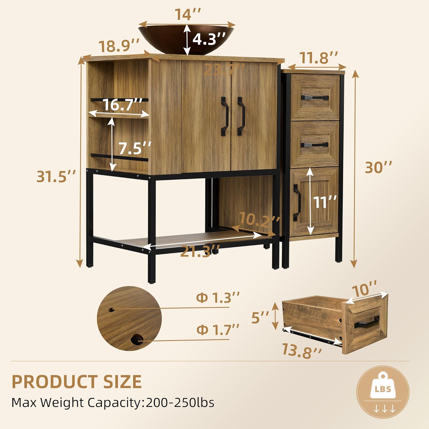 VNN Bathroom Vanity with Sink - 36 Inch Bathroom Vanity with Sink, Open Shelves and 3 Storage Drawers Side Cabinet, Modern Iron Wood Cabinet with Countertop Tempered Glass Vessel, Oak