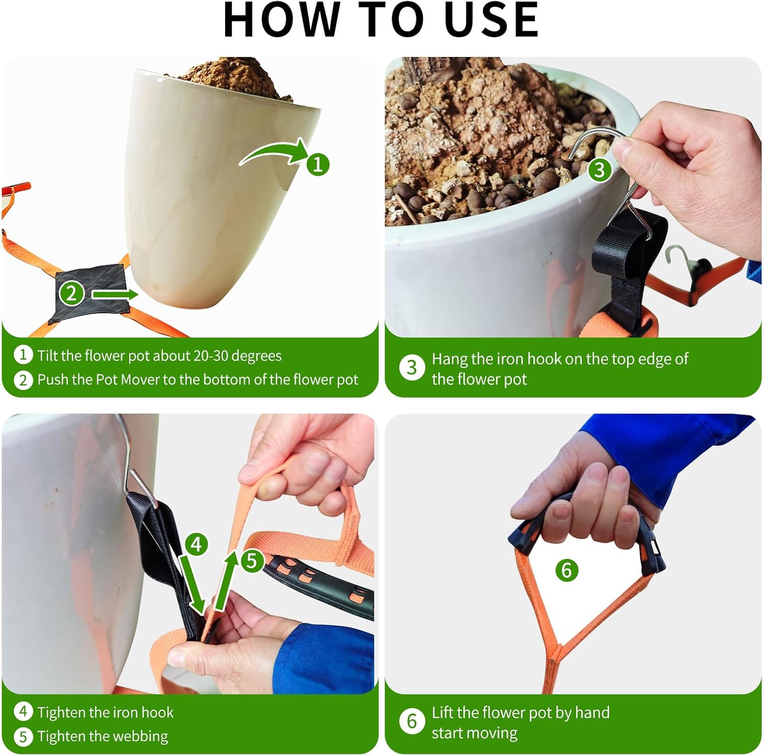 Potted Plant Mover，Plant Lifting Straps for Garden Flower Pots, Planters，Rocks, Trees，Easily Lift and Move Heavy Items Up to 250 Pounds, Large Size,Orange，Patent Pending