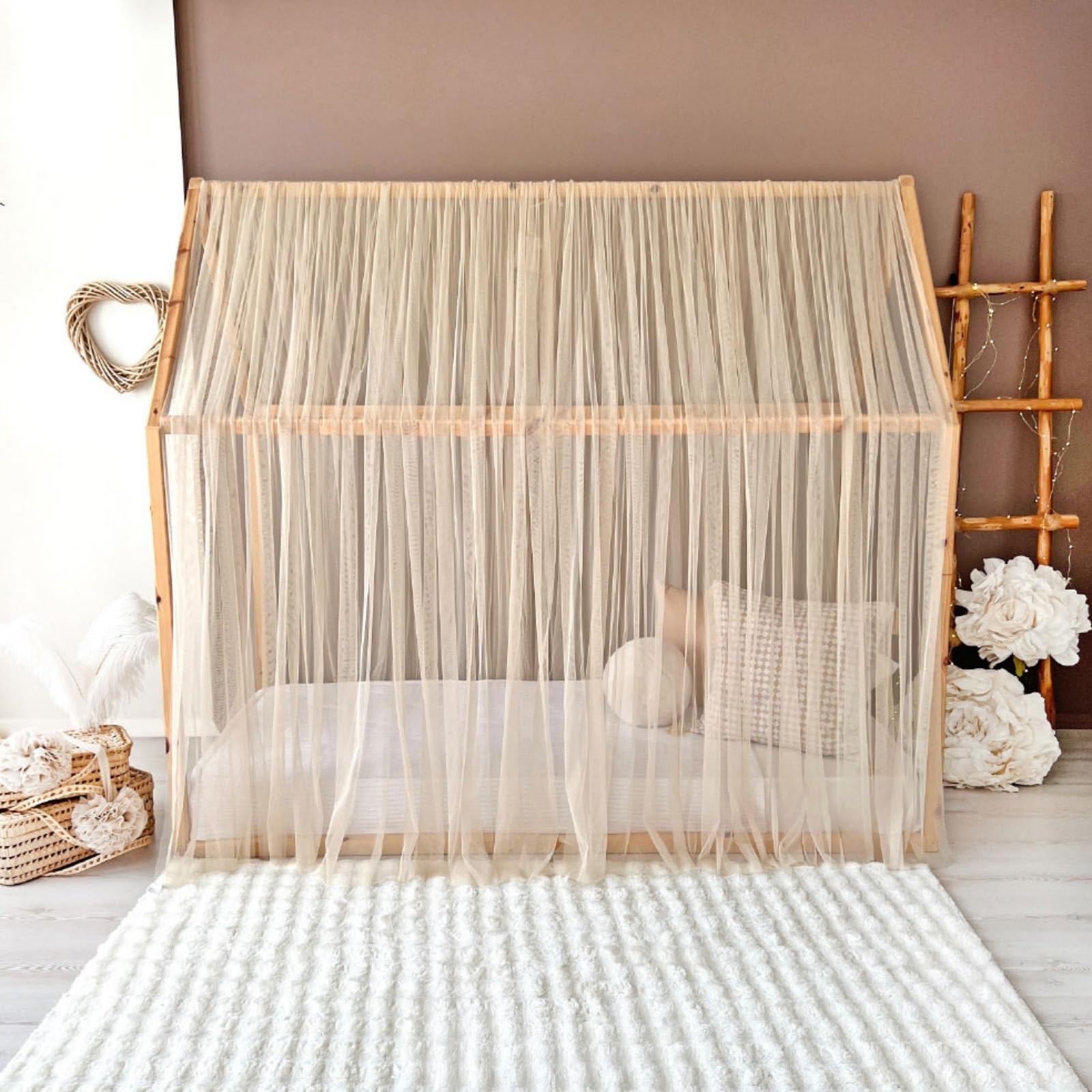 Toldo de cama estilo princesa para niñas, decoración de habitación de niños para camas Montessori, regalo de tul suave para niños pequeños (beige, 440 cm, juego 1)