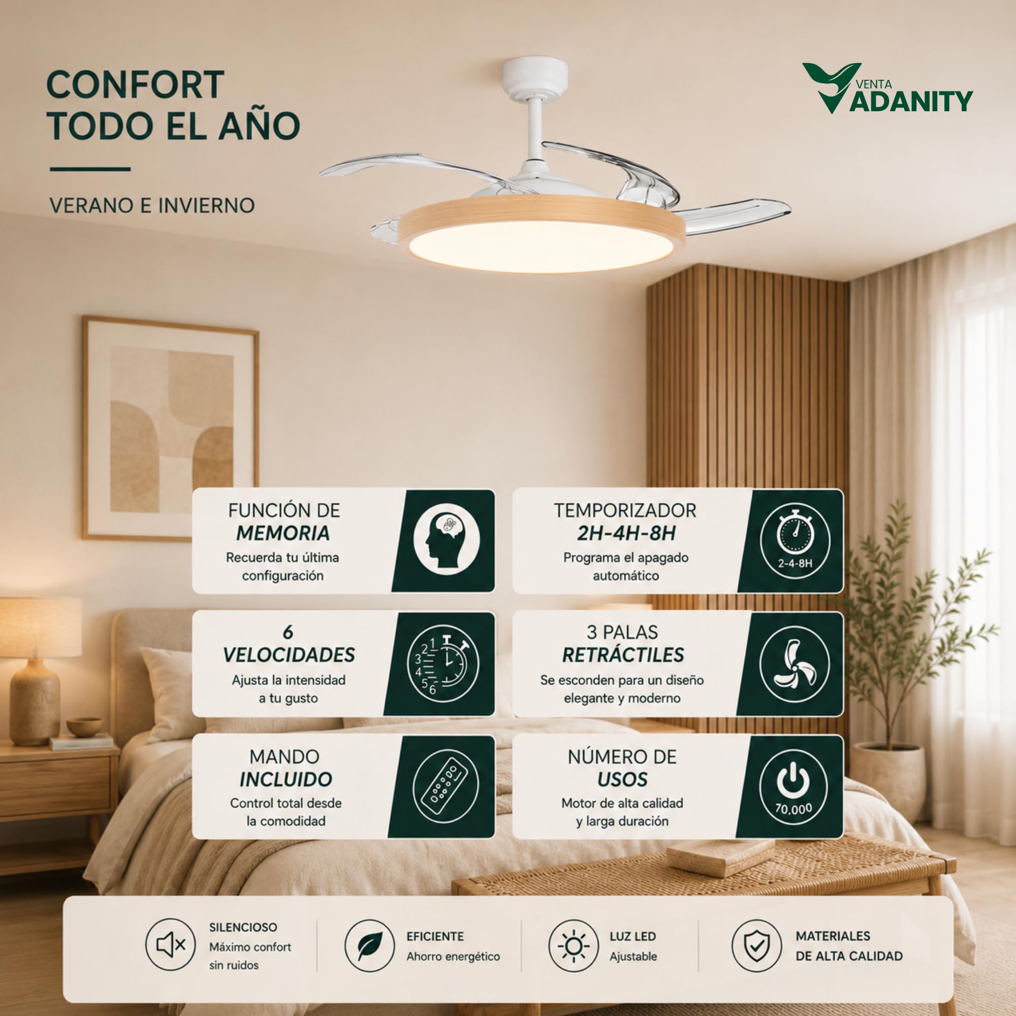 Ventilador de Techo LED Premium - Acabado Madera Elegante - Motor DC Silencioso 24V - 6 Velocidades - Luz LED 3240LM - Mando a Distancia - Estilo Rústico Moderno - 50 cm diámetro