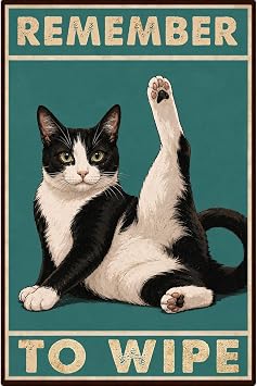 Crazysign Funny Cat Bathroom Decor Sign Tuxedo Cat Remember To Wipe Tin Sign for Bathroom Toilet Wall Decor 8x12 INCH 3155
