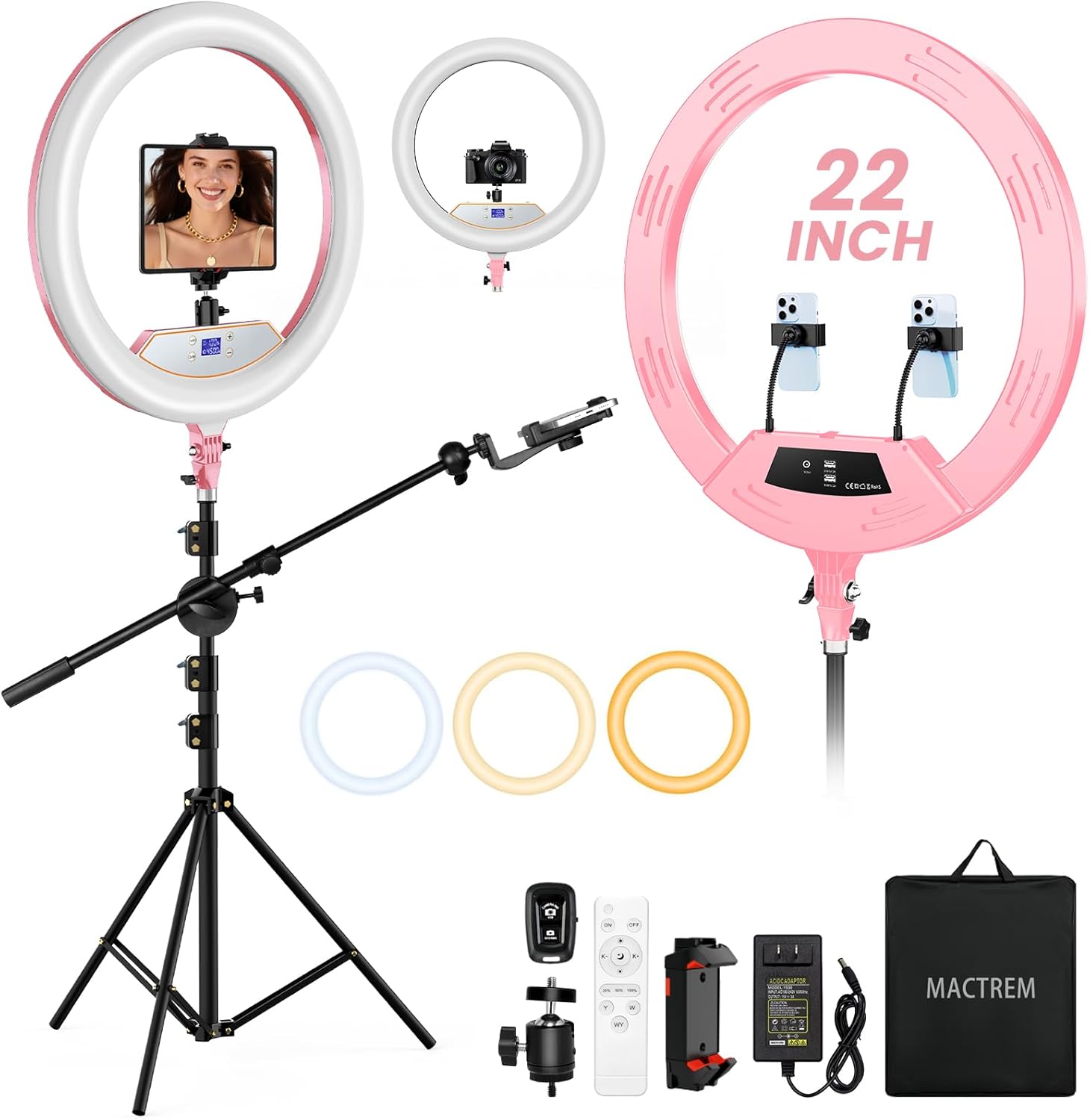 Ring Light with Stand 22inch Kit: Professional Ring Light Overhead Tripod for iPhone ipad, LCD Display/2 USB Ports for Makeup Barber Tattoo Lash Extension Video Photography Lighting (Pink) 22Inch-Pink