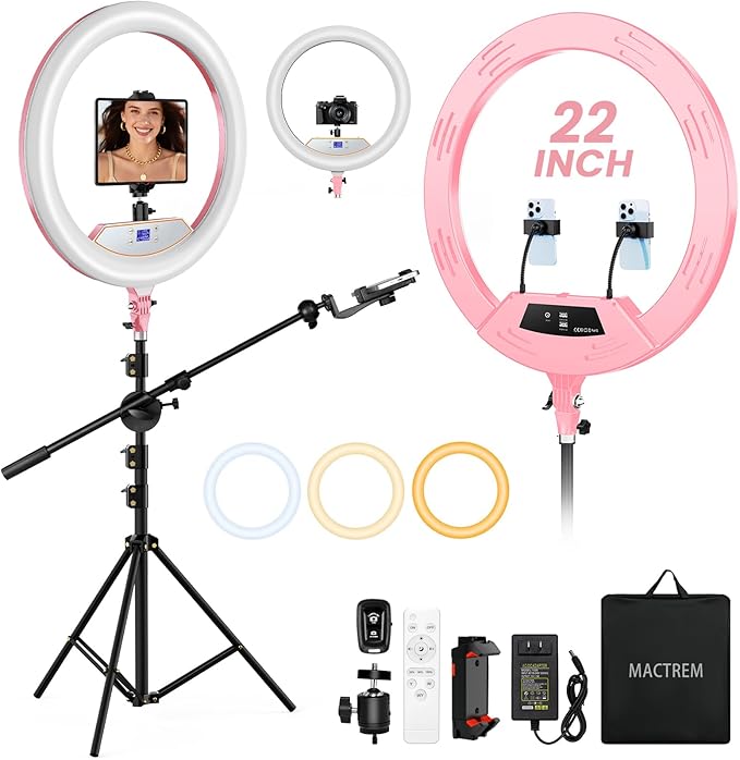 Ring Light with Stand 22inch Kit: Professional Ring Light Overhead Tripod for iPhone ipad, LCD Display/2 USB Ports for Makeup Barber Tattoo Lash Extension Video Photography Lighting (Pink)