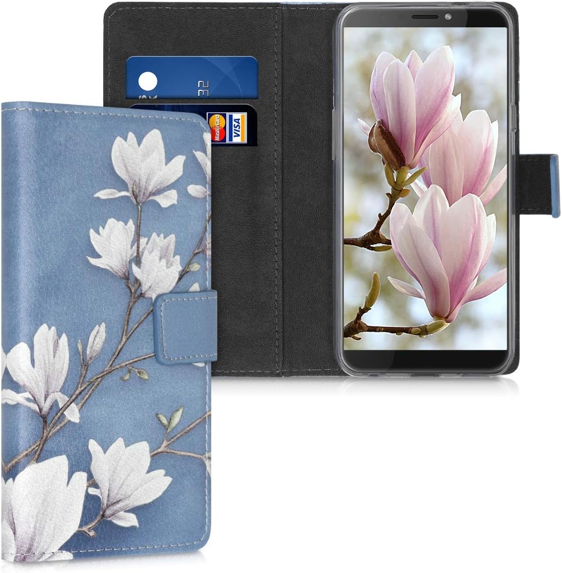 kwmobile Wallet Case Compatible with HTC Desire 12s - Case Faux Leather Cover - Magnolias Taupe/White/Blue Grey