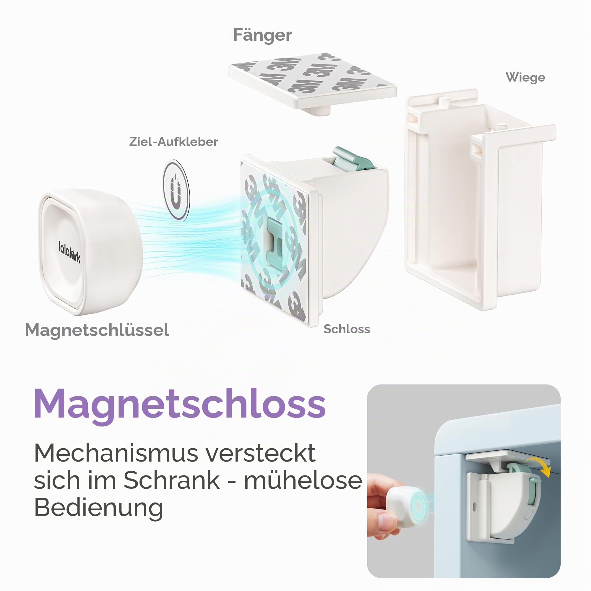 Lalalark Magnetische Kindersicherung (24 Schlösser + 4 Schlüssel), Selbstklebende Kindersicherungen, Unsichtbarer Magnetverschluss, werkzeuglose Kindersicherungen für Schränke, Schubladen und Türen