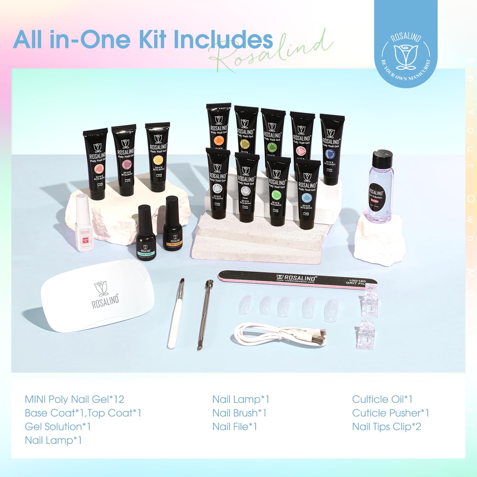 ROSALIND Gel Construction Ongle UV Starter Set, 12pcs 10ml Poly Extension d'ongles en Gel Avec Mini UV Lampe, Base&Top Coat, DIY Nail Art Acrygel Complet Kit pour Femme
