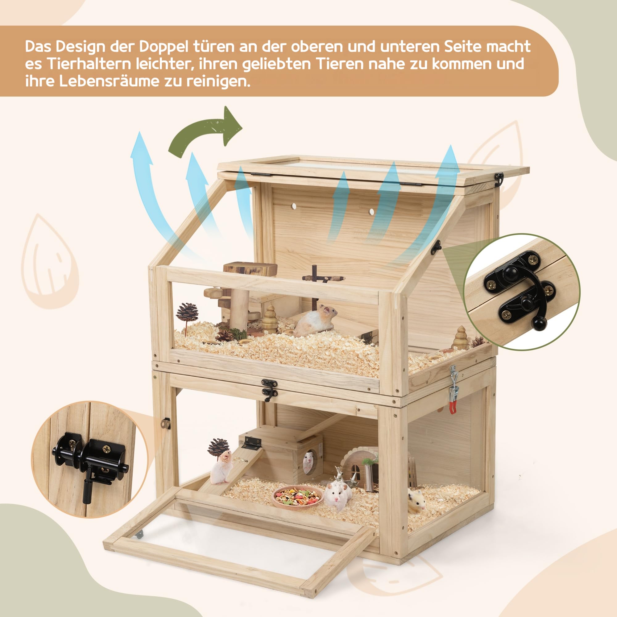 Nagarium - Jaula para hámster de dos pisos de madera natural con cristal acrílico – Grande 60 x 40 x 70 cm, jaula para ratas de libros, jaula de varios niveles con niveles separables y puertas