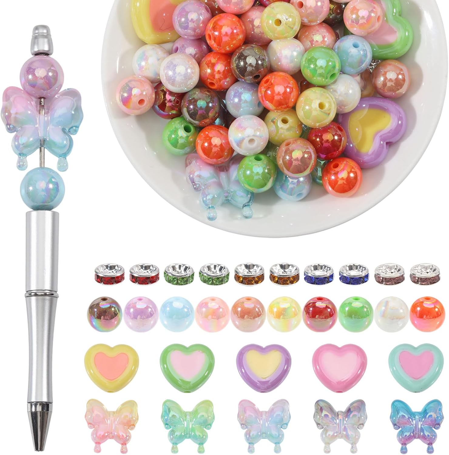CHGCRAFT 265 Pcs Acrylic Heart Butterfly Loose Beads Bulk Set, 0.63-1.2 Inch Large Beads for Pens Beads Kit for Crafts Jewelry Making, Bracelets, Beadable Pens DIY Supplies