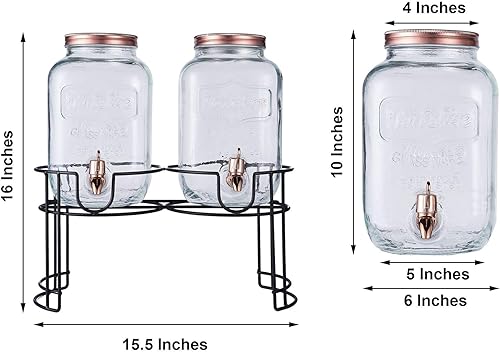 Miniatura 4 de Juego de 2 dispensadores de bebidas de vidrio con espiga, tapa de metal y un soporte negro, 2 galones