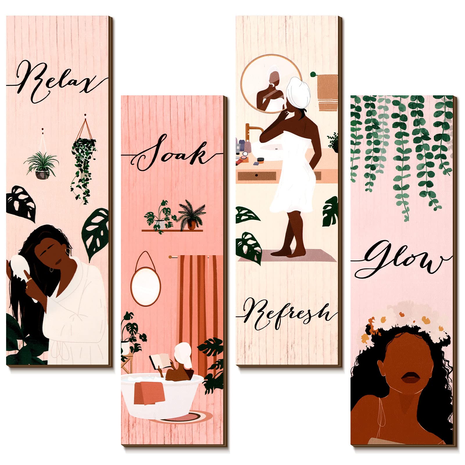 Yookeer 4 Pieces Bathroom Wall Decor Pink Decor Boho Wall Art Print Black Women African American Wood Plaque Bathroom Hanging Decors for Home Spa