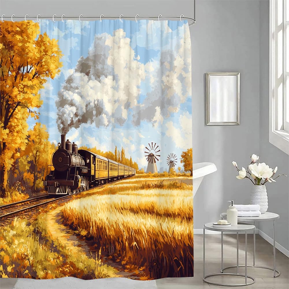 Country Rustic Steam Engine Shower Curtain Vintage Train Railway Fall Autumn Scenery Bathroom Decor Curtains Set with Hooks, 90" W x 70" H