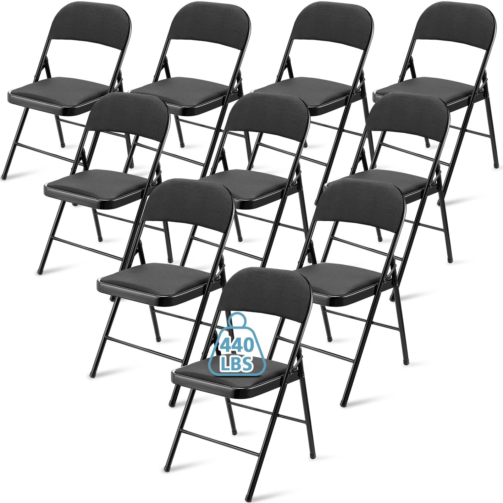 Photo 1 of 10 Pack Folding Chairs with Metal Frame and Fabric Upholstered Padded Seat Portable Folding Chair Bulk Stackable Non Slip Folding Chairs for Office Wedding Party Supplies (Black) 10 Black
