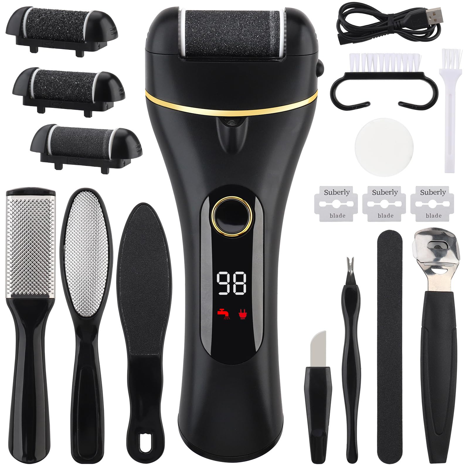 Rapeuse Pieds Électrique,18 en 1 Kit de Râpe Ponceuse Pieds Anti-callosité Scalpel Pedicure pour Corne Rapeuse Pieds,Peau Morte (Noir)