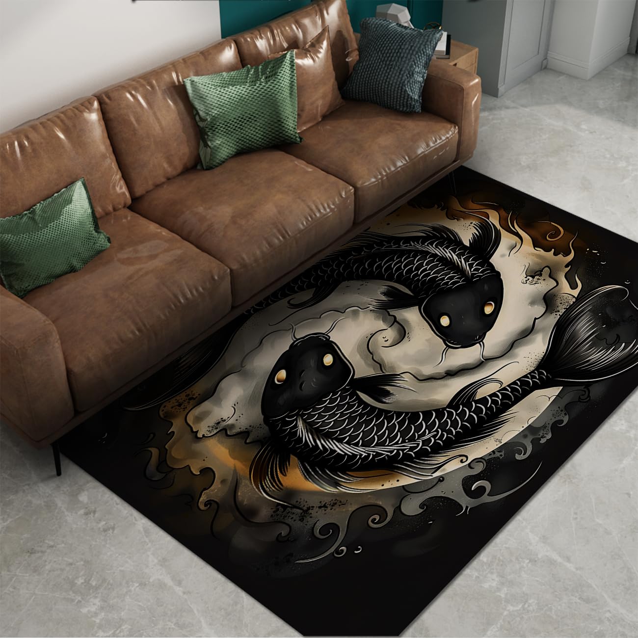 Zmywalne dywaniki 80 x 150 cm kosmiczne czarne złoto Yin Yang Koi ryba z niskim włosiem Wewnętrzna wykładzina Japoński styl Ukiyo-e antypoślizgowy dywan do salonu sypialni biura