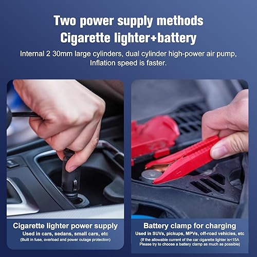 Miniatura 7 de inflador de neumáticos 12V - bomba de doble cilindro resistente 150PSI, compresor de aire con pinza de batería y manguera extensible de 5m