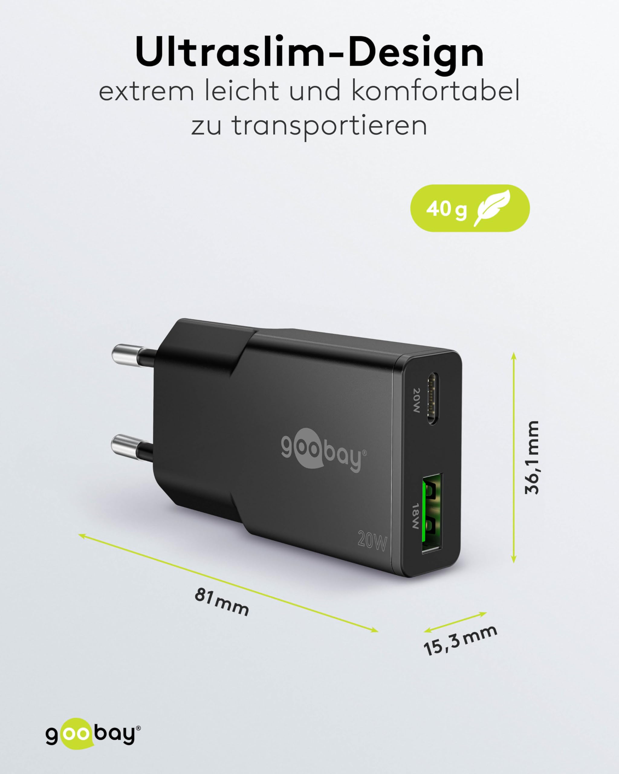 goobay Caricatore rapido USB-C PD GaN Dual Slim 20W (nero) Alimentatore Power Delivery, connettore USB-A Quick Charge, alimentatore di rete per smartphone e tablet - 75729