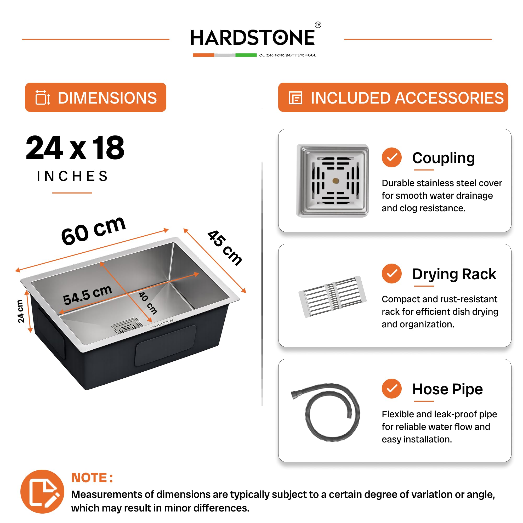 HARDSTONE Premium Kitchen Sink | Single Bowl 24x18x9 Inch | Grade Stainless Steel Matte Finish | Handmade Heavy Duty Wash Basin for Modern Homes | Includes Waste Pipe, Coupling & Basket | Silver 1