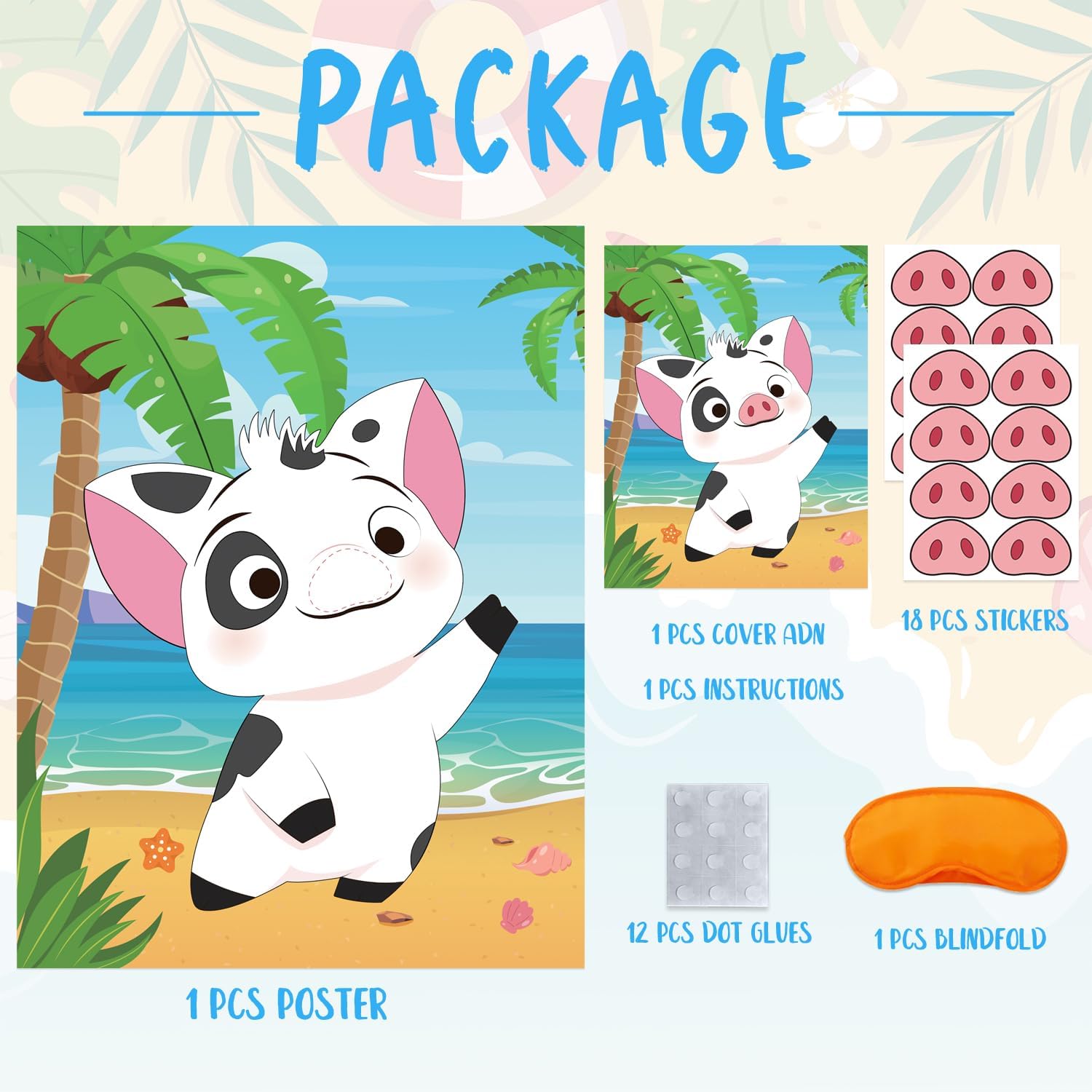 Moana Birthday Party Pin the Nose on the Pig Game for Kids - Hawaiian Luau Themed Party Supplies with Pig Poster & Party Favors