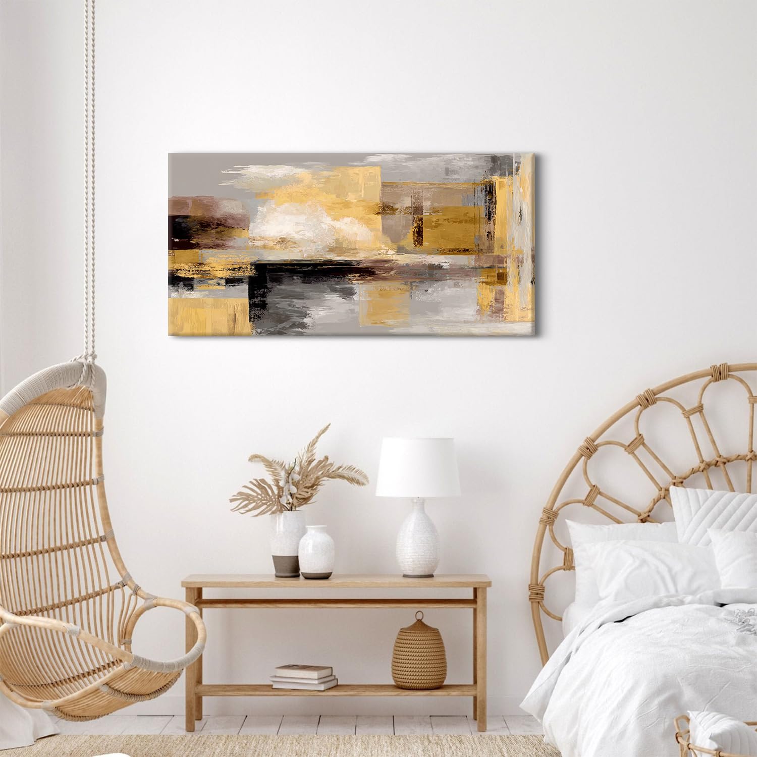AREBOLO Grande Tableau Décorative Abstrait 50x100 cm - Affiches Impression sur Toile Moderne - Décoration Murale pour Salon et Chambre Or Jaune - Noir Beige - Abstraction Décoration Murale Luxe