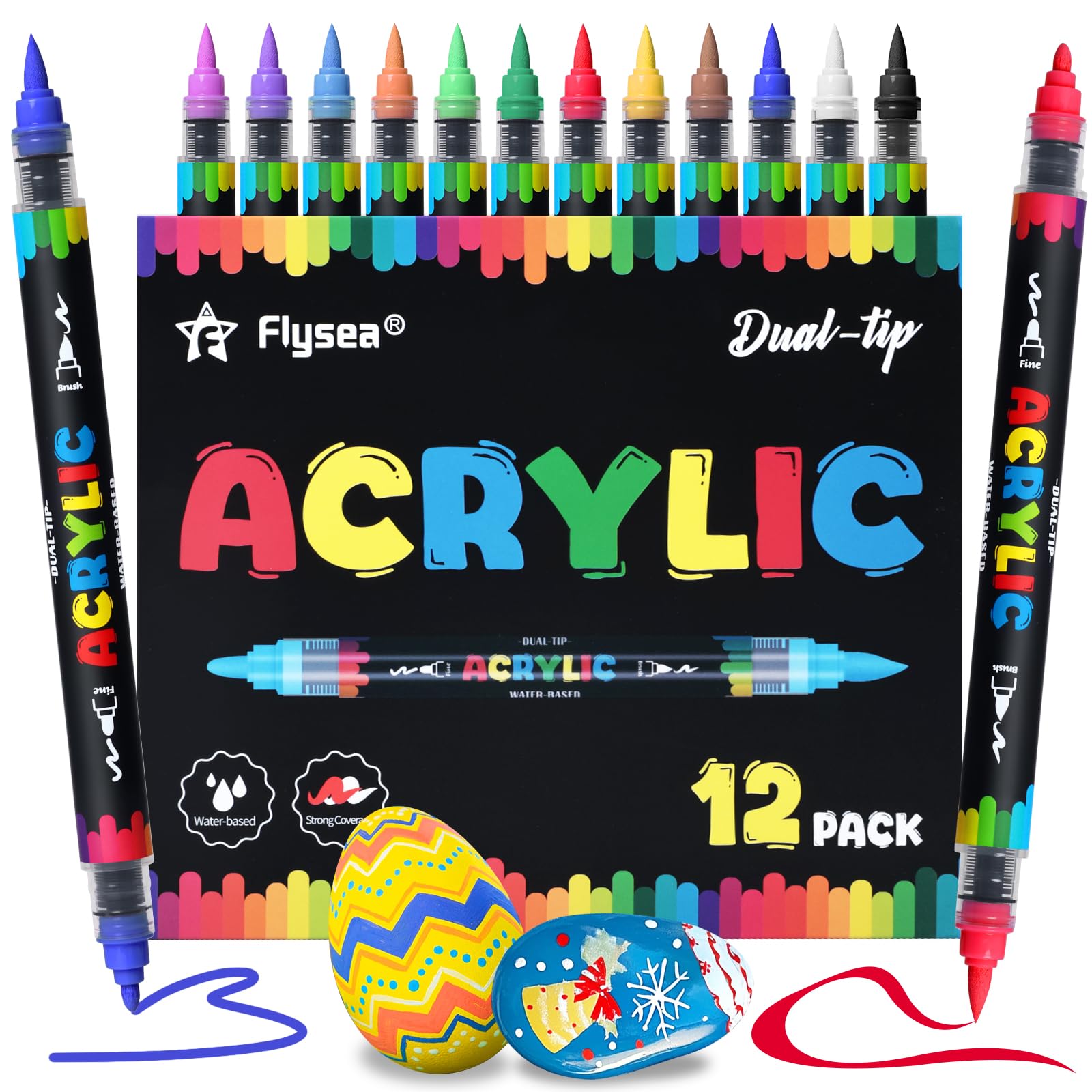 Reaeonat Acrylic Paint Pens, 12 Assorted Colour Dual Tip Brush Fine Point Liquid Ink Acrylic Colouring Pen Set for Art, Wood, Rock Painting, Plastic, Ceramic, Glass and Fabric DIY Drawing