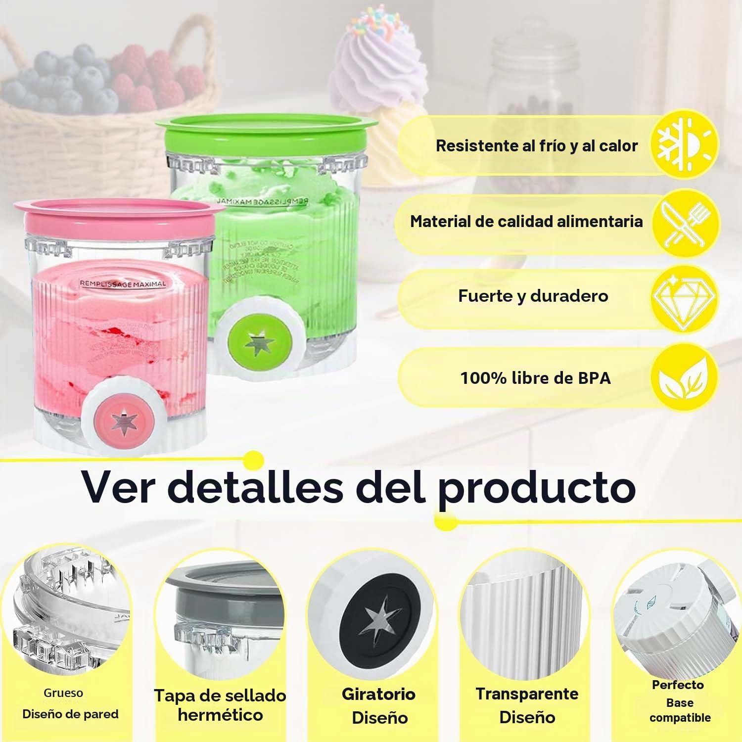 4 tarrinas de helado de 480 ml, Sin BPA, aptas para lavavajillas