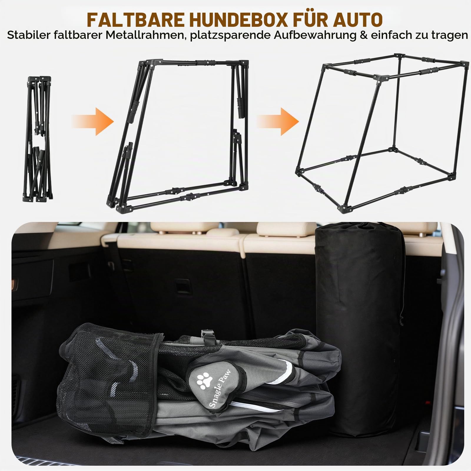 Snagle Paw Tragbare Hundebox für Autoreisen, Metallrahmen-Haustierkäfig, Haustier-Transportbox für Auto-Rücksitz, befestigt mit Kopfstützengurt und Sicherheitsgurt, L, Grau