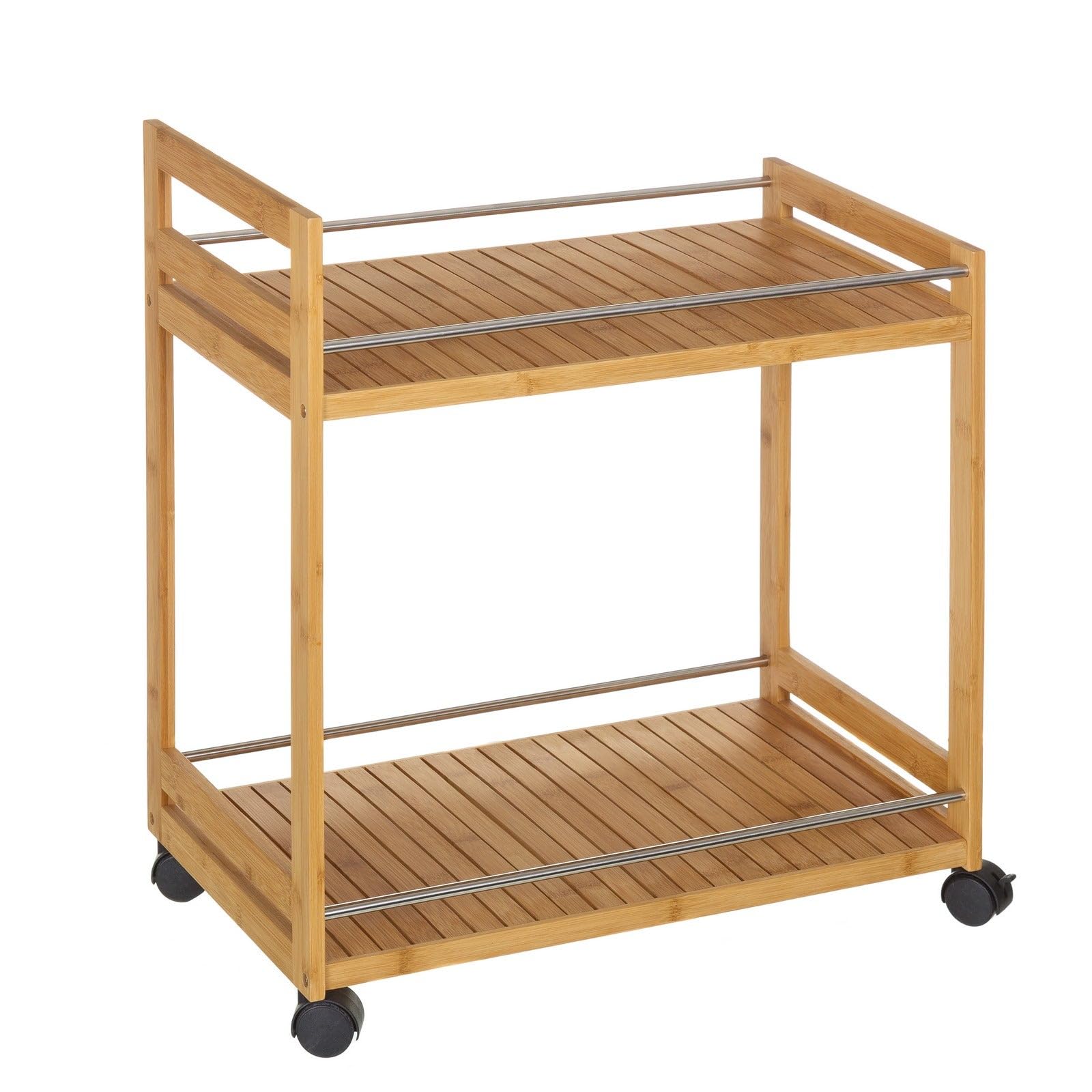 Carrito camarera de cocina de bambú natural con 2 estantes de 55x32x62 cm | Ruedas con freno y barras anticaída integradas. Transporta platos de forma segura, sirve comidas y organiza todo tu menaje