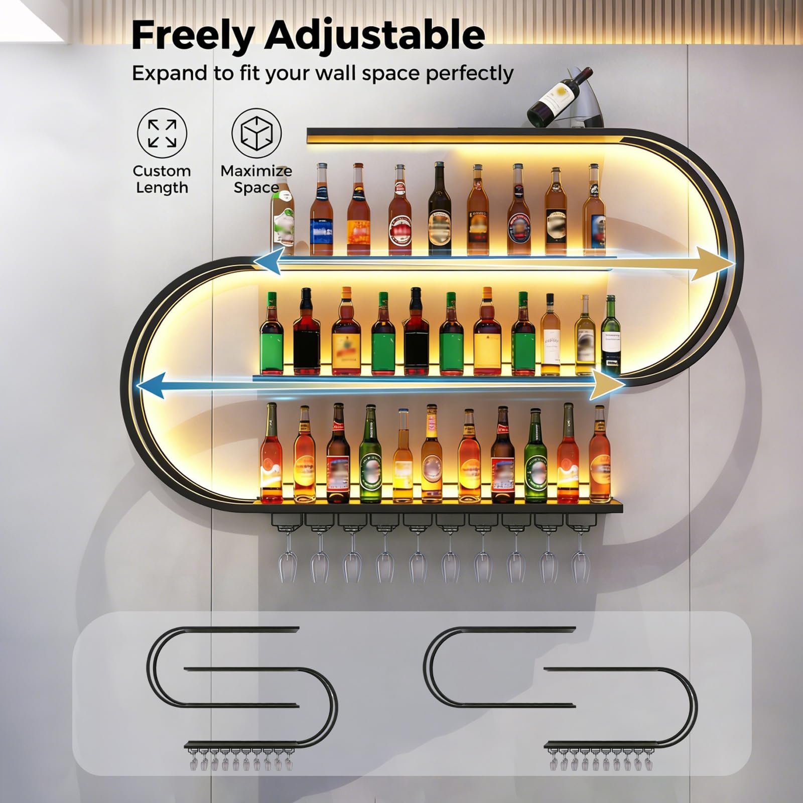 Portabottiglie da parete, mensole da bar sospese a 4 livelli, mensola portabottiglie in metallo industriale, per arredamento da bar e sala da pranzo, nero (150cm)