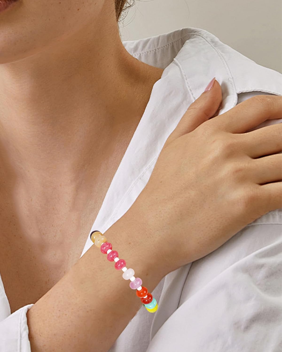 Colorful Beaded Bracelet for Women Colorful Natural Stone Bracelet Adjustable Multicolor Stone Beads Armlet Handmade Summer Jewelry Gifts for Her - Image 4