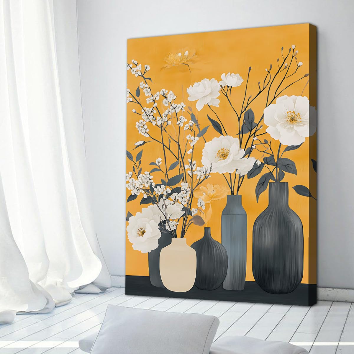 SHENGPOSTER Mid-Century nowoczesny wazony sztuka na płótnie styl boho białe kwiaty i ceramiczne butelki obraz na płótnie vintage martwa natura wzór kwiatowy rama wewnętrzna 70 x 105 cm
