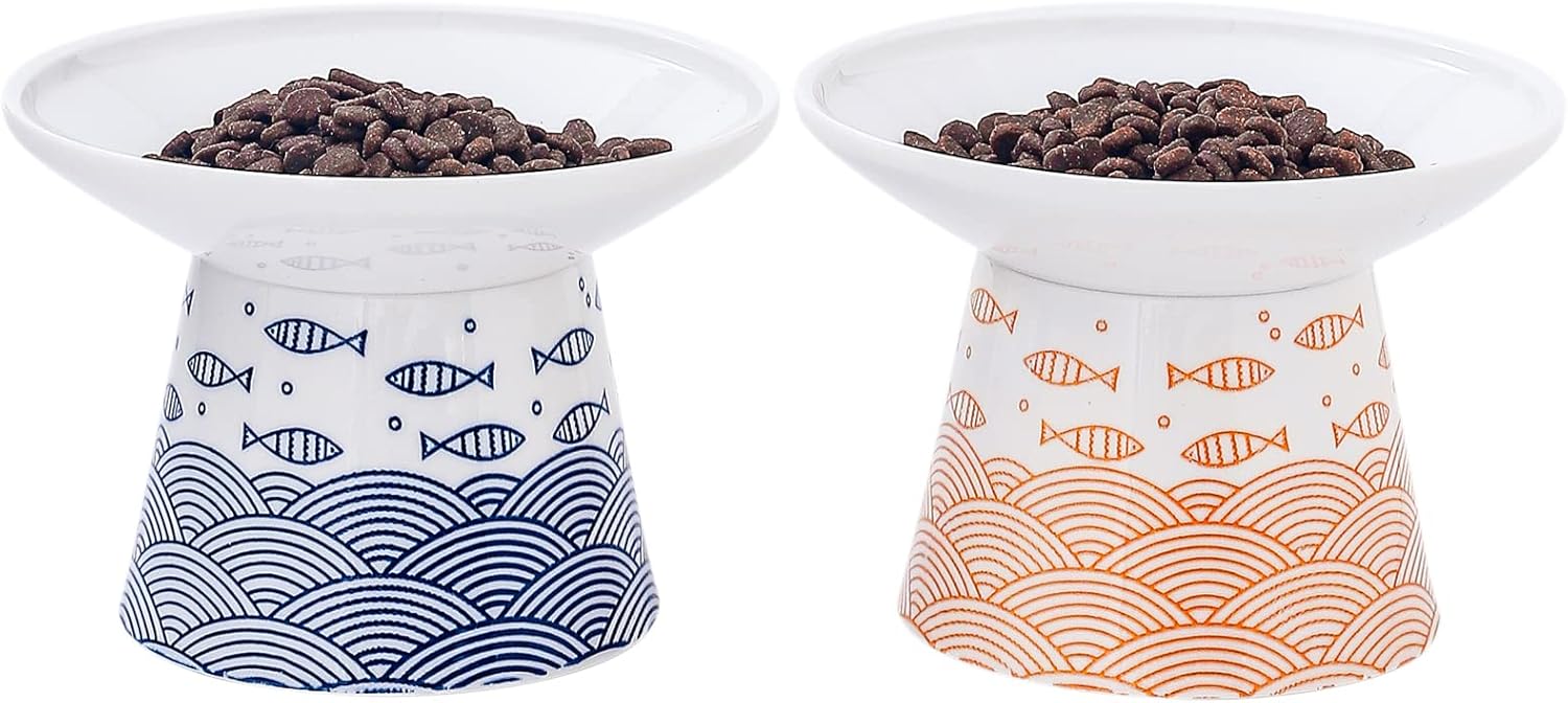AOMRYOM 6.25 Inch Extra Wide Elevated Ceramic Cat Bowls, Food and Water Bowl Set for Elder Big Cats Small Dogs, Raised Design for Pet Easy Eating, Blue & Orange, Set of 2