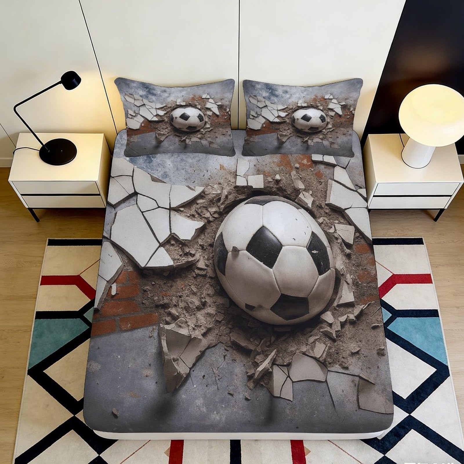 3D Printed Soccer Ball Fitted Sheet Microfiber Soft Durable 3D Printed Cracked Wall Bed Cover for Bedroom Dormitory Guest Room Mattress Protection 140x200x25cm