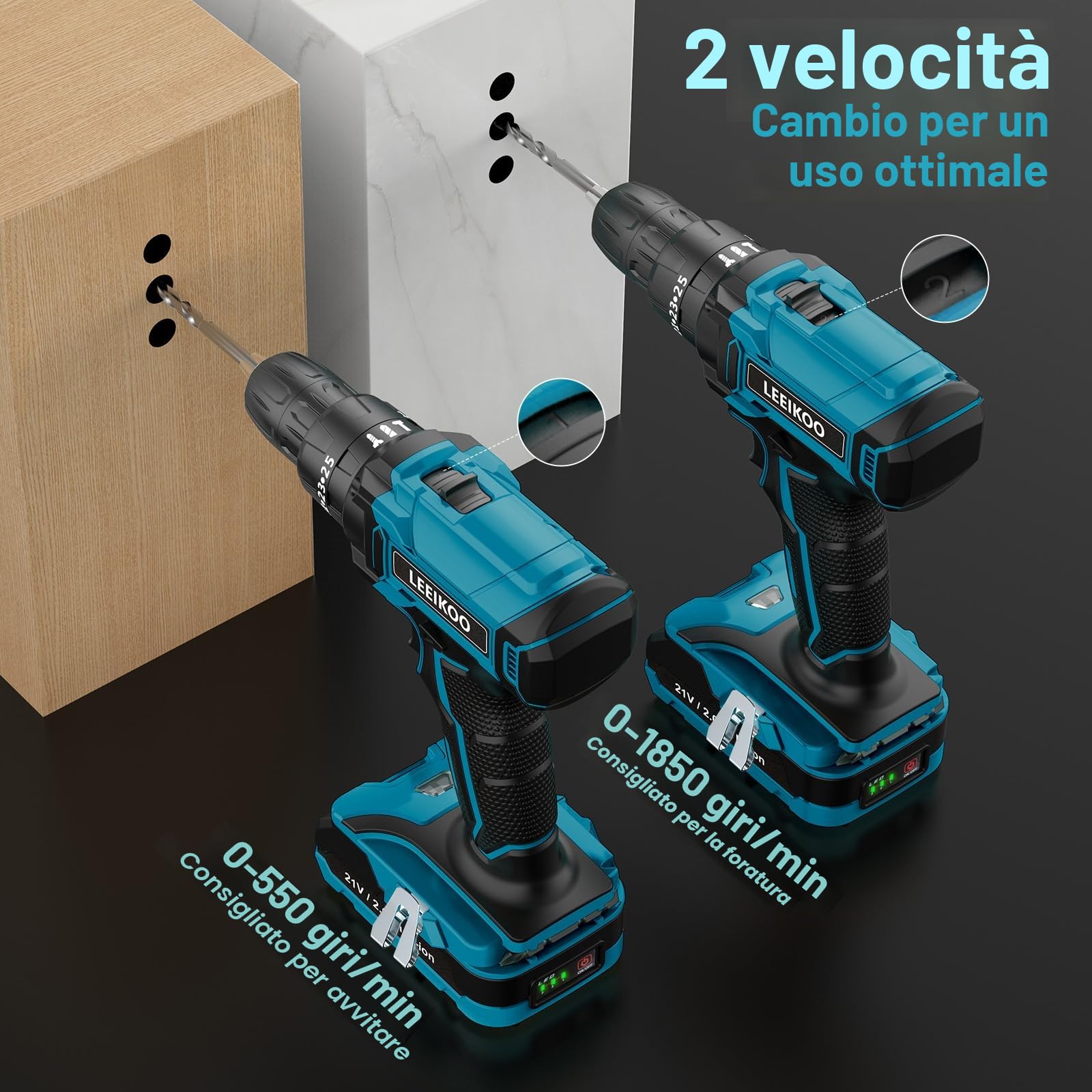 Trapano Avvitatore Batteria 21V, LEEIKOO Avvitatore a Batteria con Batterie 2.0Ah, 42N.m Avvitatore Elettrico, 25+3 Coppie, 2 Velocità, LED Luce(Sotto la Maniglia), 23PCS Accessori per Fai da te