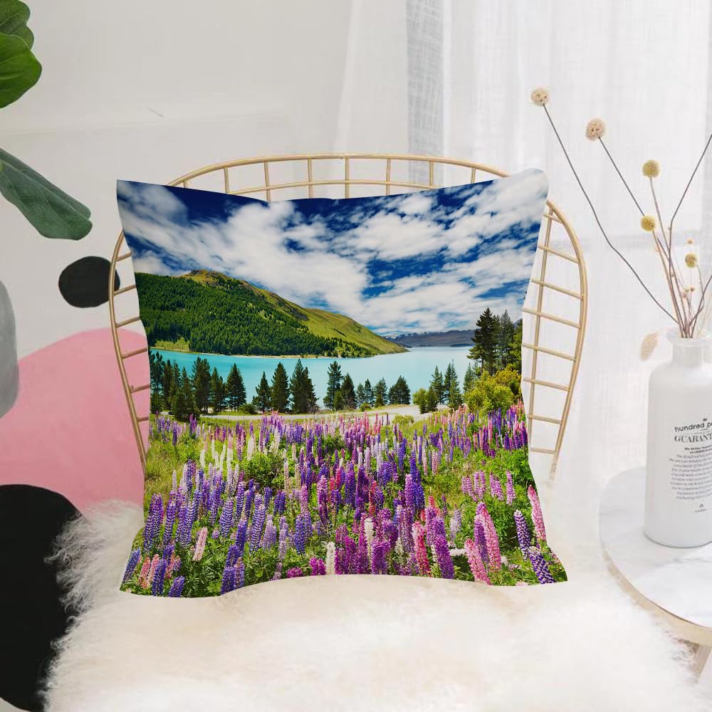 HYOSXW Cushion Cover,Throw Pillow Case Home Decorative for Living Room Bedroom Sofa Chair 16X16 Inch,Landscape with lake and flowers New Zealand,Pillowcase 40X40cm