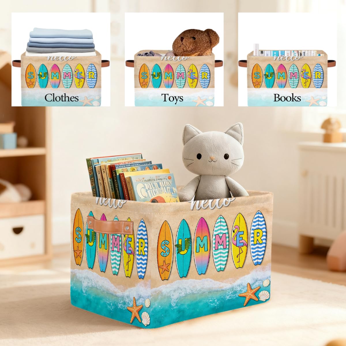 Hello Summer Surfbrett rechteckiger Aufbewahrungskorb mit Ledergriffen, faltbarer Stoff-Aufbewahrungskorb für Schrank, Badezimmer, Wohnzimmer, Büro, Spielzeug, Organizer, Wäschekorb, 2 Stück