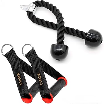LIVOX Imported Heavy Duty Tricep Fitness Ropes + Snap Hook + D Handle Cable attachmenta (Imported) Triceps Bar (Black) (D Handles with Imported tricep)