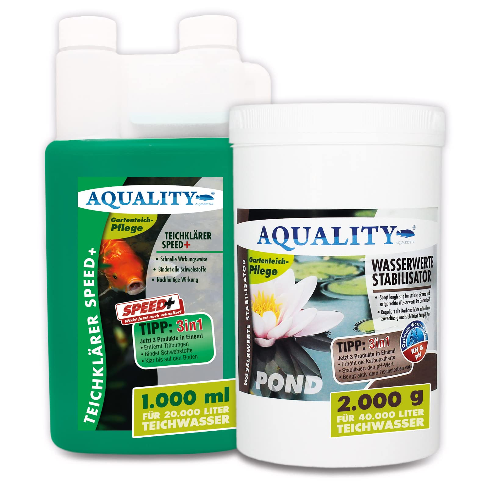 AQUALITY Klarwasser Teichpflege-Komplettset (Set mit Teichklärer und Wasserwerte Stabilisator für einen klaren Gartenteich, nachhaltige Wirkung), Inhalt:20.000 Liter