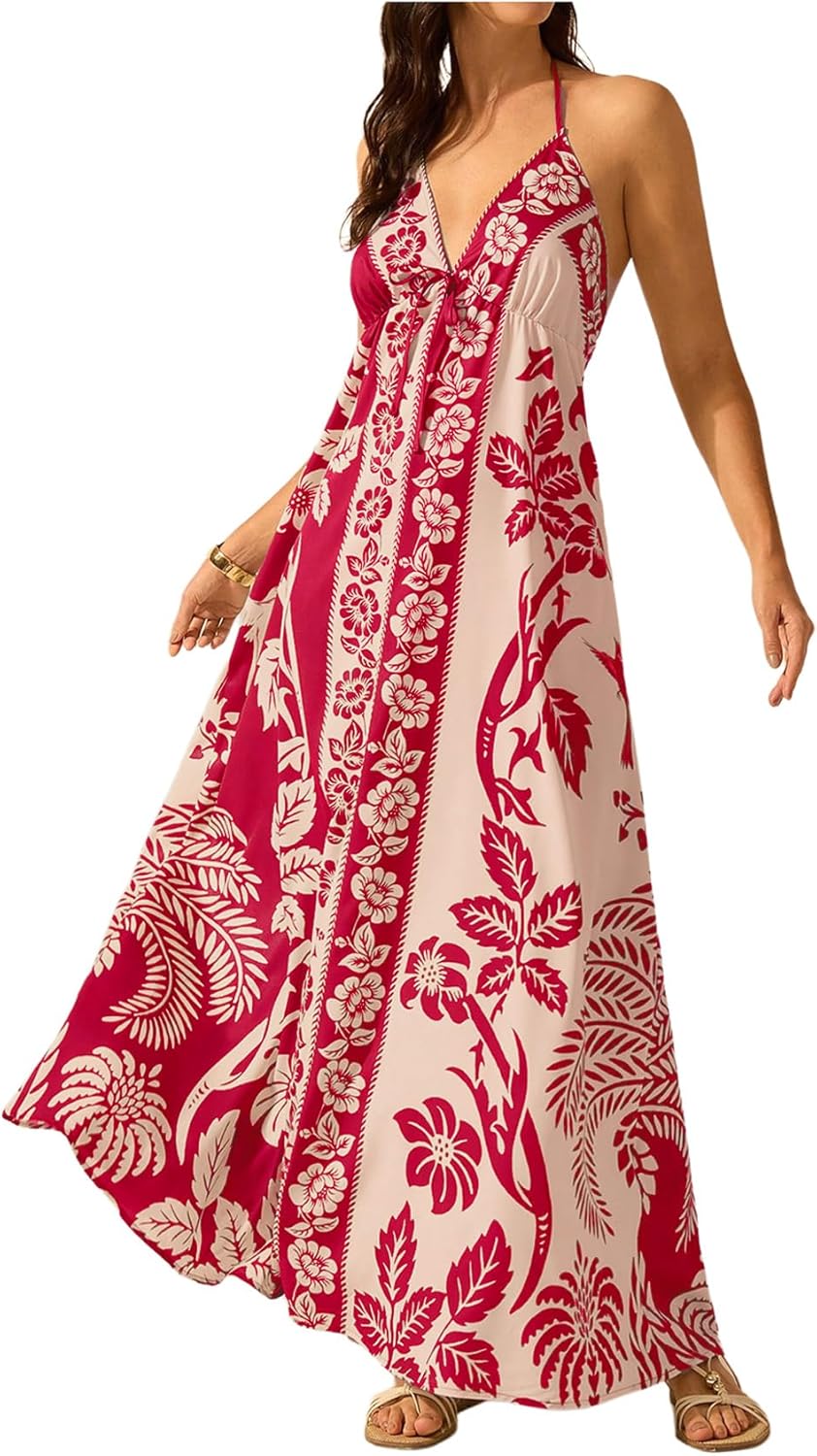 SHENHE Women's Summer Tropical Floral Halter Maxi Dress Open Back Empire Waist Flowy Boho Dress