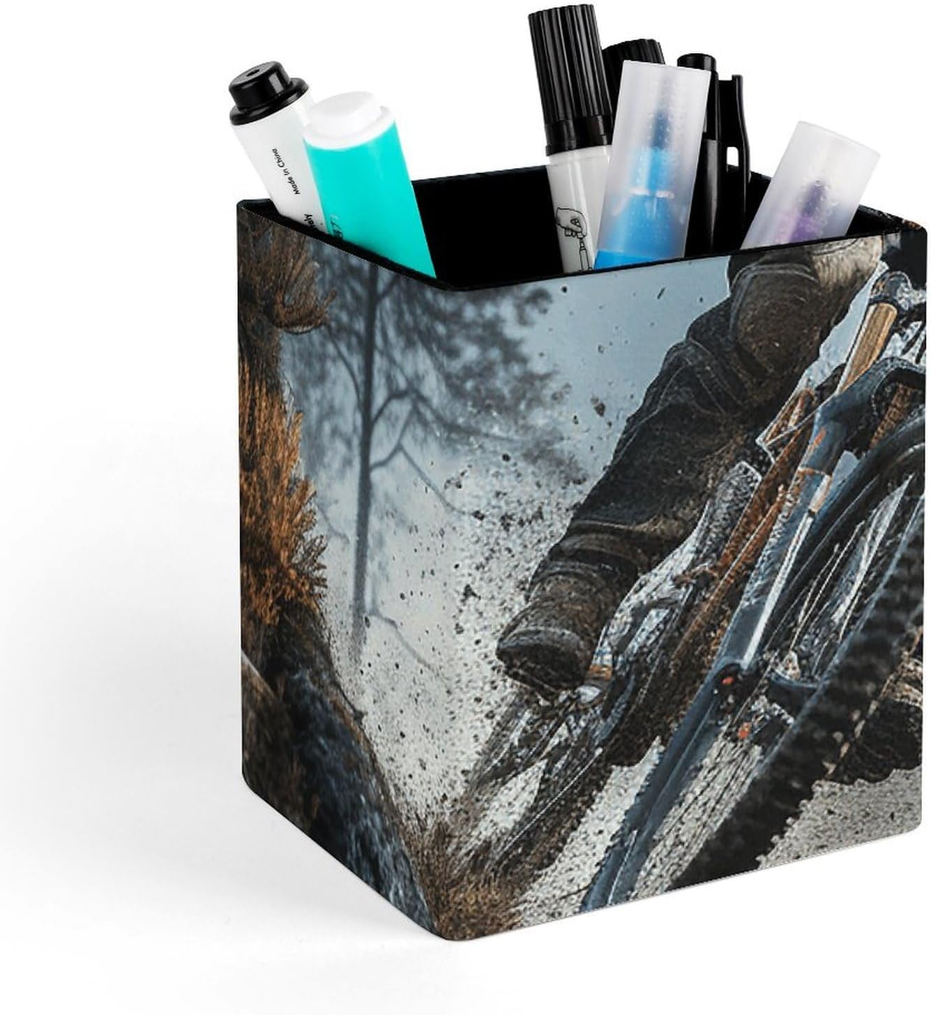Mountain Bike Tournament Leather Pen Holder Desk, Pencil Cup Makeup Brush Holder Desktop Organizer Storage Case Stationery for Home Office Supplies