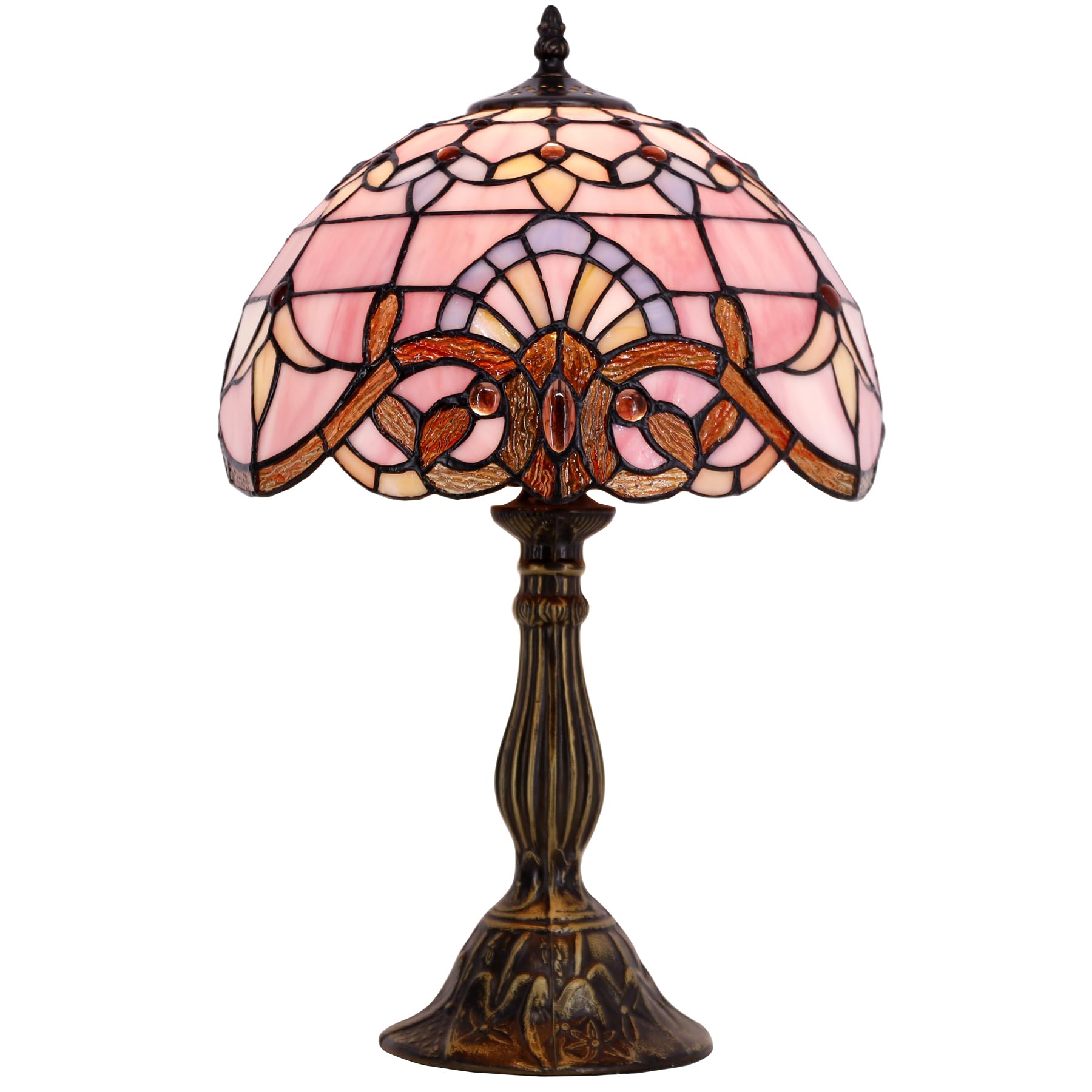 WERFACTORY Tiffany Lamp Stained Glass Table Lamp 12X12X18 Inch Pink Baroque Style Lavender Bedside Reading Desk Light Decor Bedroom Living Room Home Office S003P Series