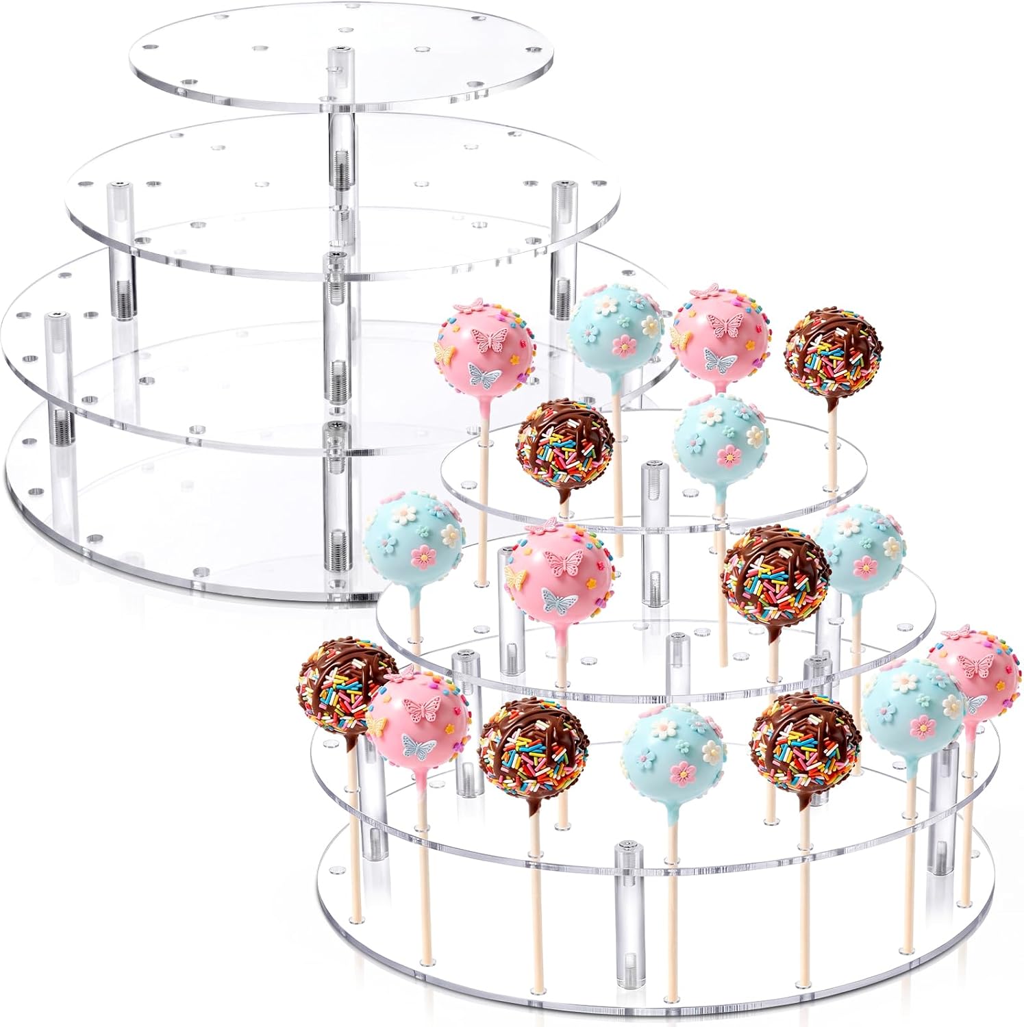 FoldTier 2 Pack Acrylic Ice Cream Cone Holder 2 Tier Waffle Cone Display Stand with 24 Holes Clear Double Food Display Stand Rack for Charcuterie Cones Birthday Party Weddings Waffle Displaying Round