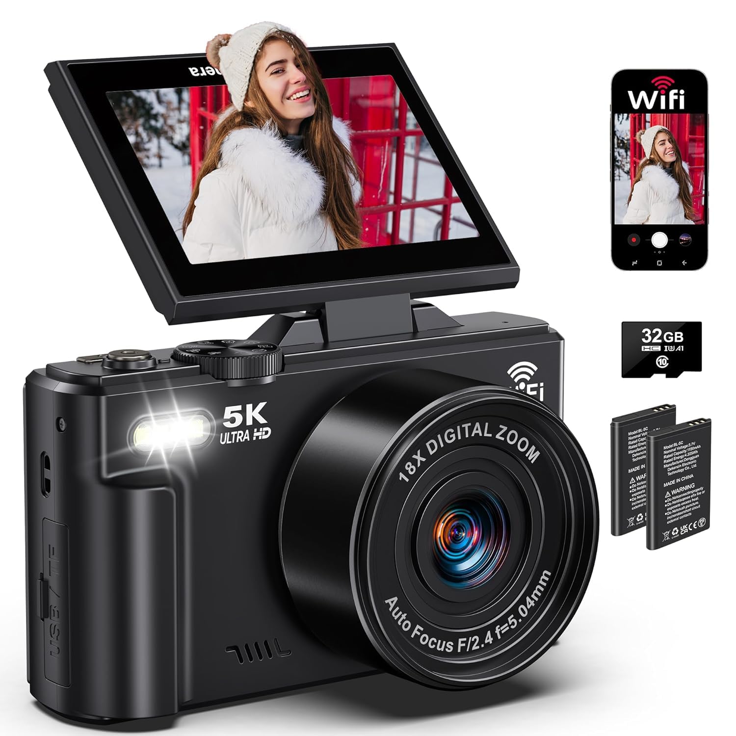 Digital Cameras for Photography - 5K 75MP Vlogging Camera for YouTube WiFi - UHD Autofocus Vlog Camera 3" 180° Flip Screen with 18X Zoom - Travel YouTube with 32GB SD Card, 2 Batteries (CAM25)
