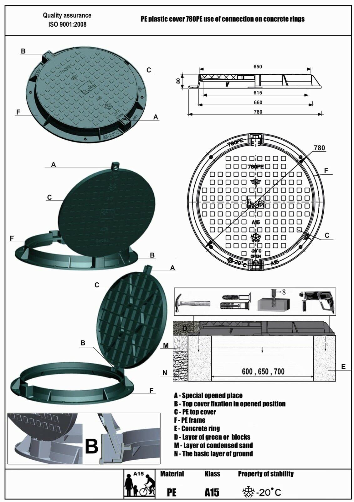 Chiusino, coperchio per pozzetto, carico fino a 1,5 t, 780 mm, colore verde