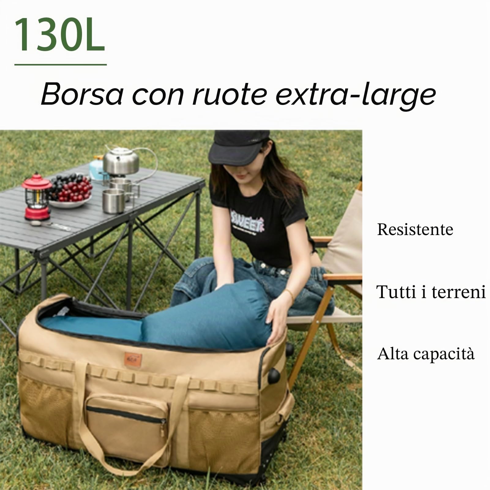 130L Borsa Da Viaggio Extra Large Con Ruote Borsone Sportiva Grande Esterni Campeggio Morbida Pieghevole Impermeabili Borsa Per Il Riporre Con Rulli Conservazione (Kaki)