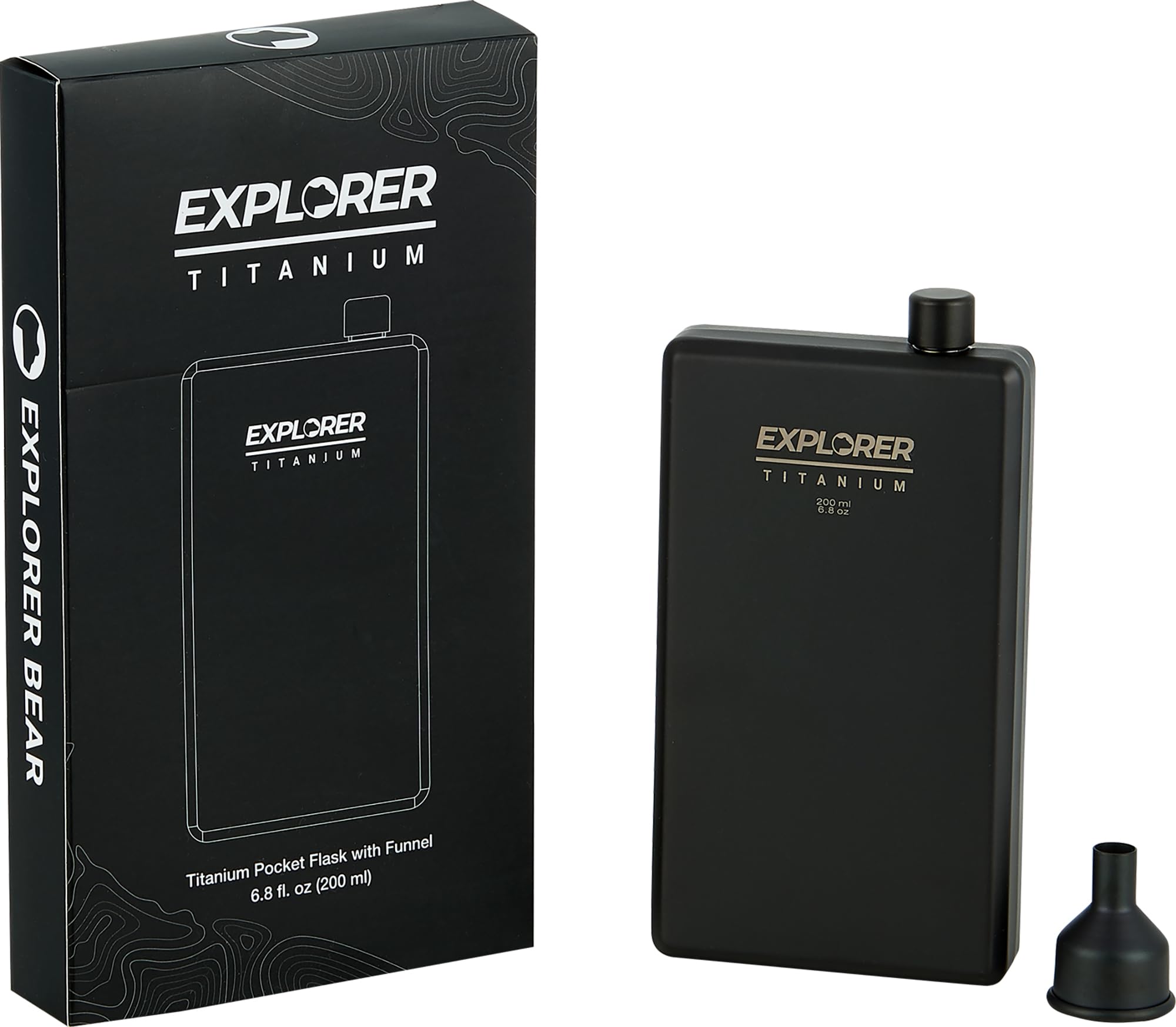 Explorer Bear Black Titanium Camping Pocket Flask with Funnel, 6.8 fl oz (200 ml), Black