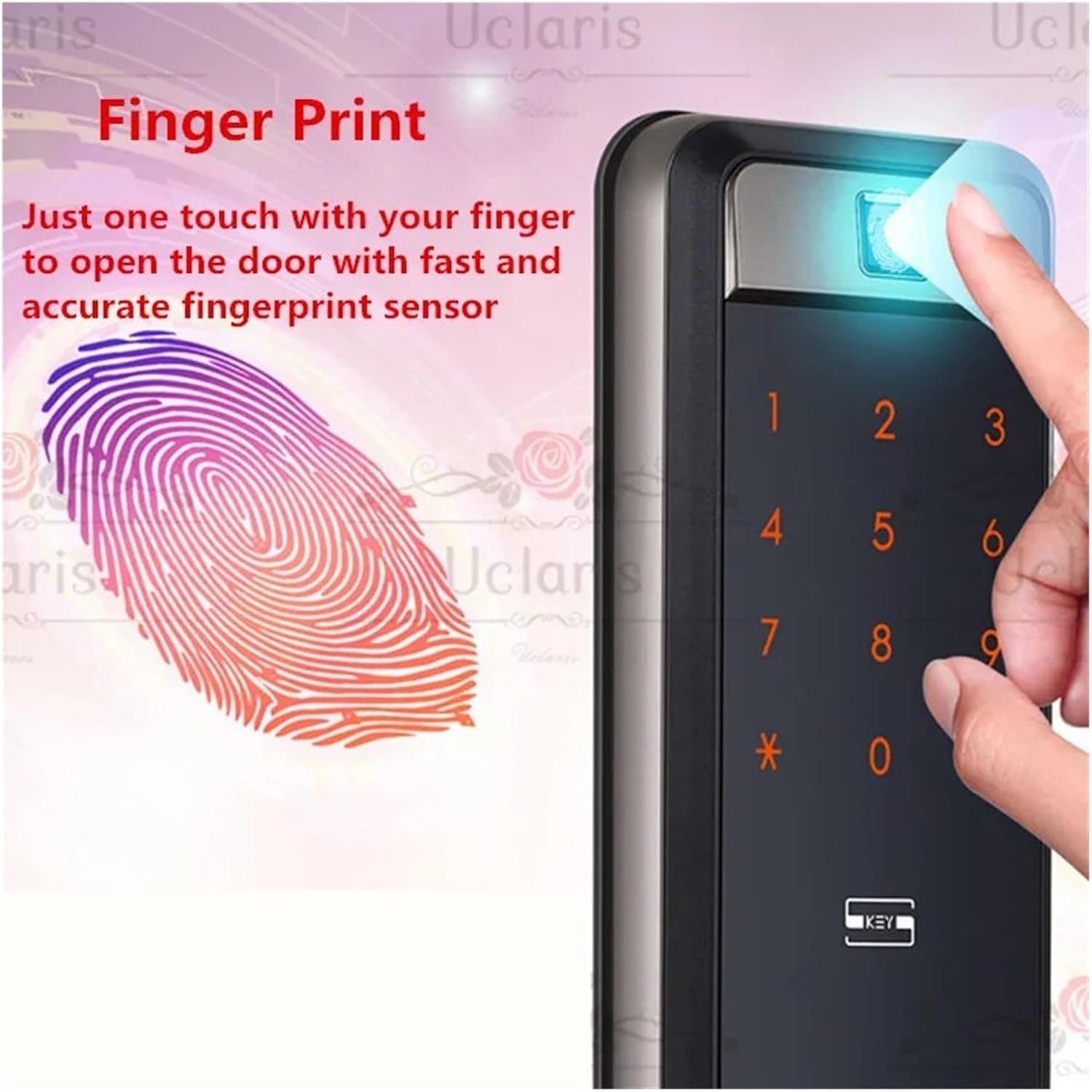 A finger touching the fingerprint sensor on the SHP-DP609 digital door lock.