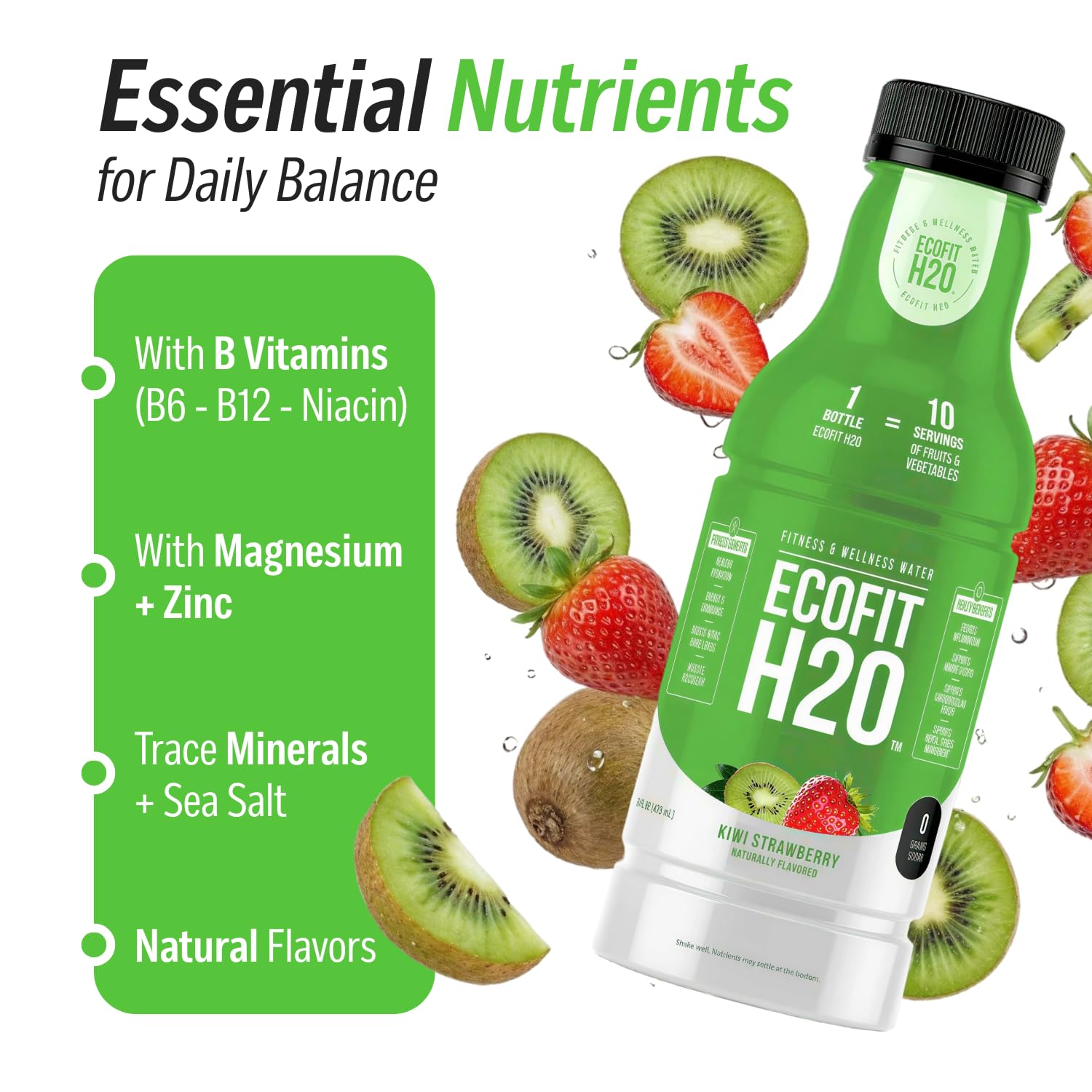 ECOFIT H2O Flavored Water, Zero Sugar & Calories, Non-Carbonated, Antioxidant Wellness Water with Indian Gooseberry, Naturally Flavored, Vitamins & Minerals, 16 fl oz Bottles, Strawberry Kiwi 12 Pack