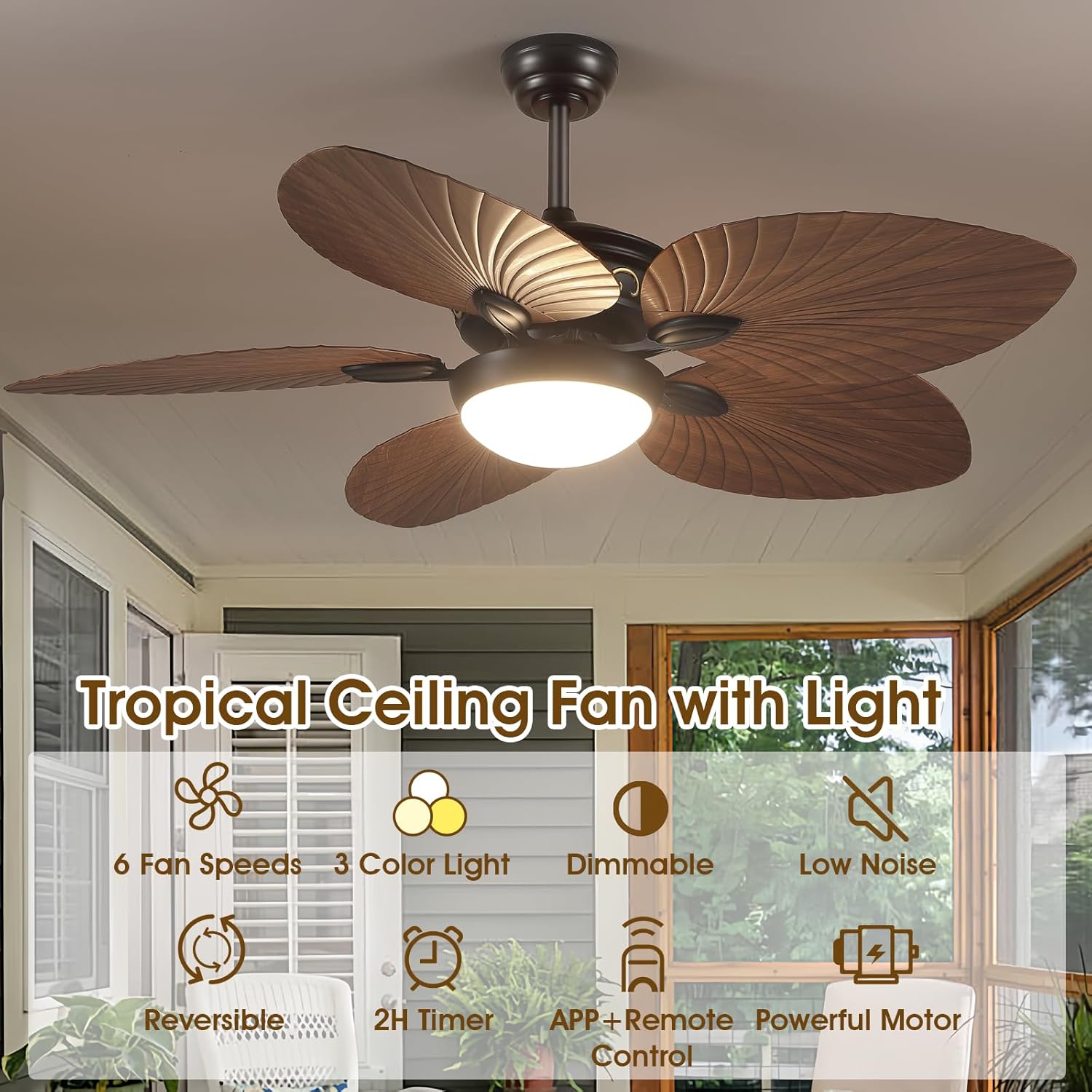 Wiviniya 52 Inch Tropical Ceiling Fans with Lights, Palm Leaf Outdoor Ceiling Fan with Light for Patios Porch Bedroom, Remote/APP Control, Reversible Quiet DC Motor, Dimmable LED, Light Brown