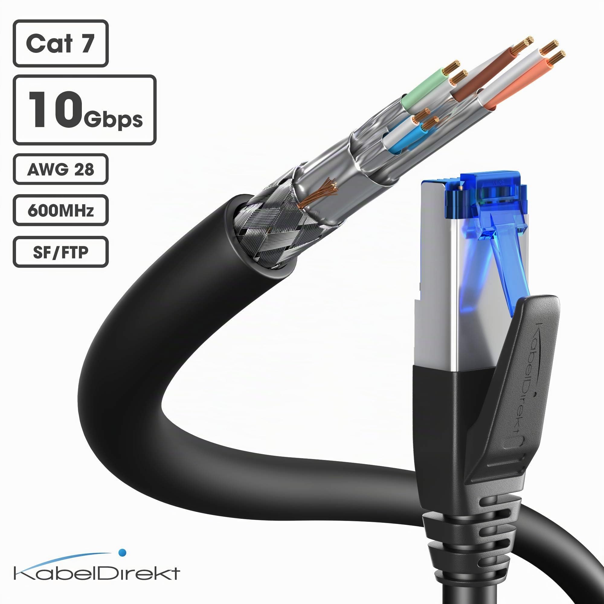 KabelDirekt – Cavo Ethernet Cat 7, resistente alla rottura – 10 m – 10 Gigabit LAN – Disponibile in 0,25-30 m (Cavo di rete/internet ad alta velocità, PC, switch/router/modem, RJ45, nero)